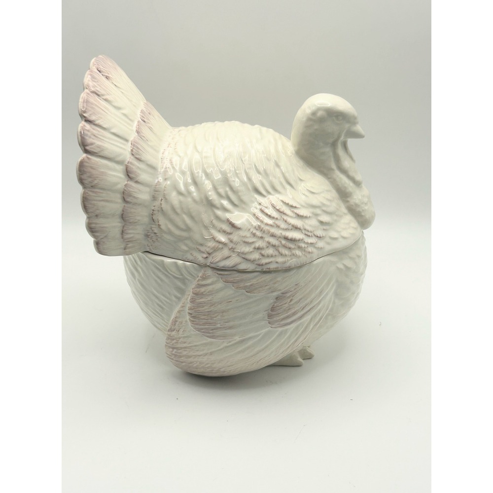 Ceramic Turkey Gravy Boat Lidded Tureen White with Purple Accents Thanksgiving
